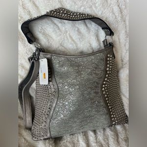 NWT Silver Leather Handbag with Crystal Studding Unbranded